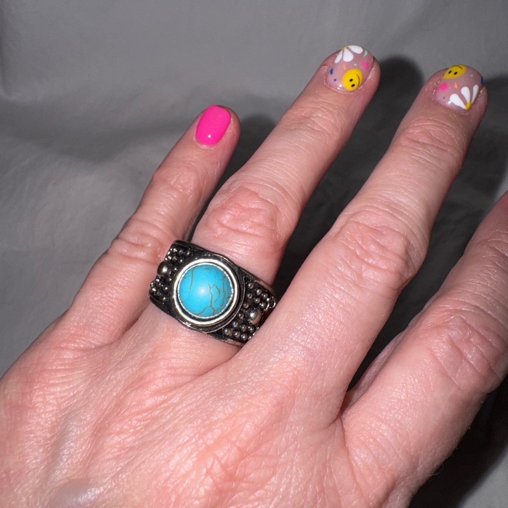 Turquoise SilverβTone Ring β Boho Southwestern Statement Jewelry